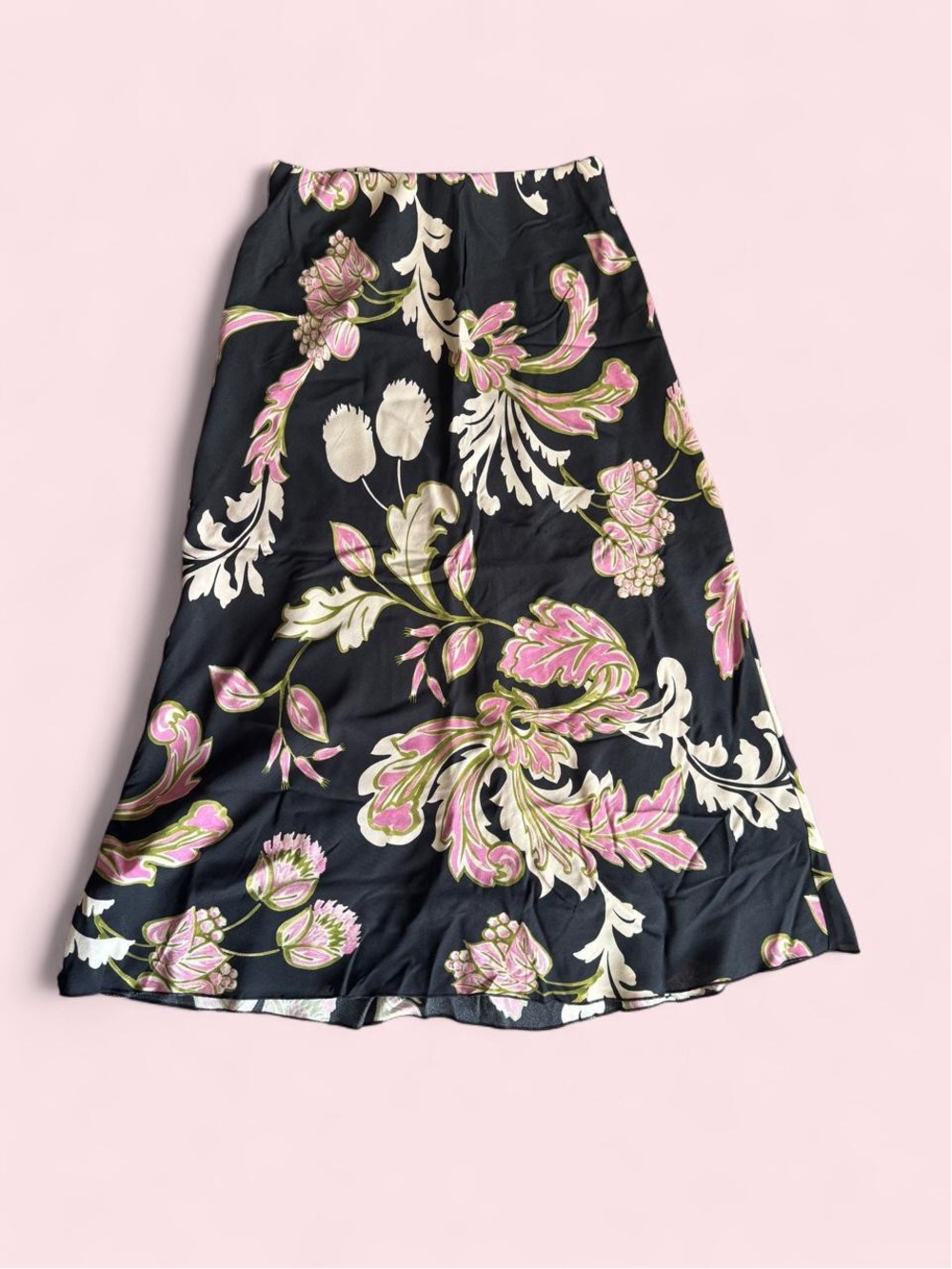 Floral A-Line Midi Skirt - Black with Pink & Cream Print